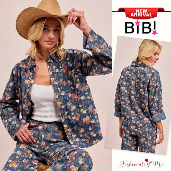 BiBi Washed Floral Print Long Sleeves Pocket Buttoned Relaxed Fit Denim Shacket - Picture 1 of 8